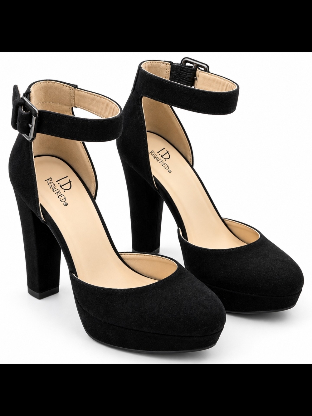 I.D. Required Black Ankle Strap Platform Heels Size 7.5 M Suede Pumps